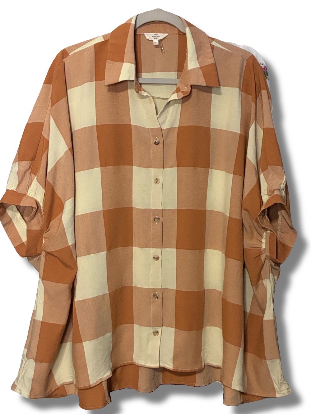 entro Plaid Check Button-Front Shirt in Cream & Brown Oversized Medium Large
